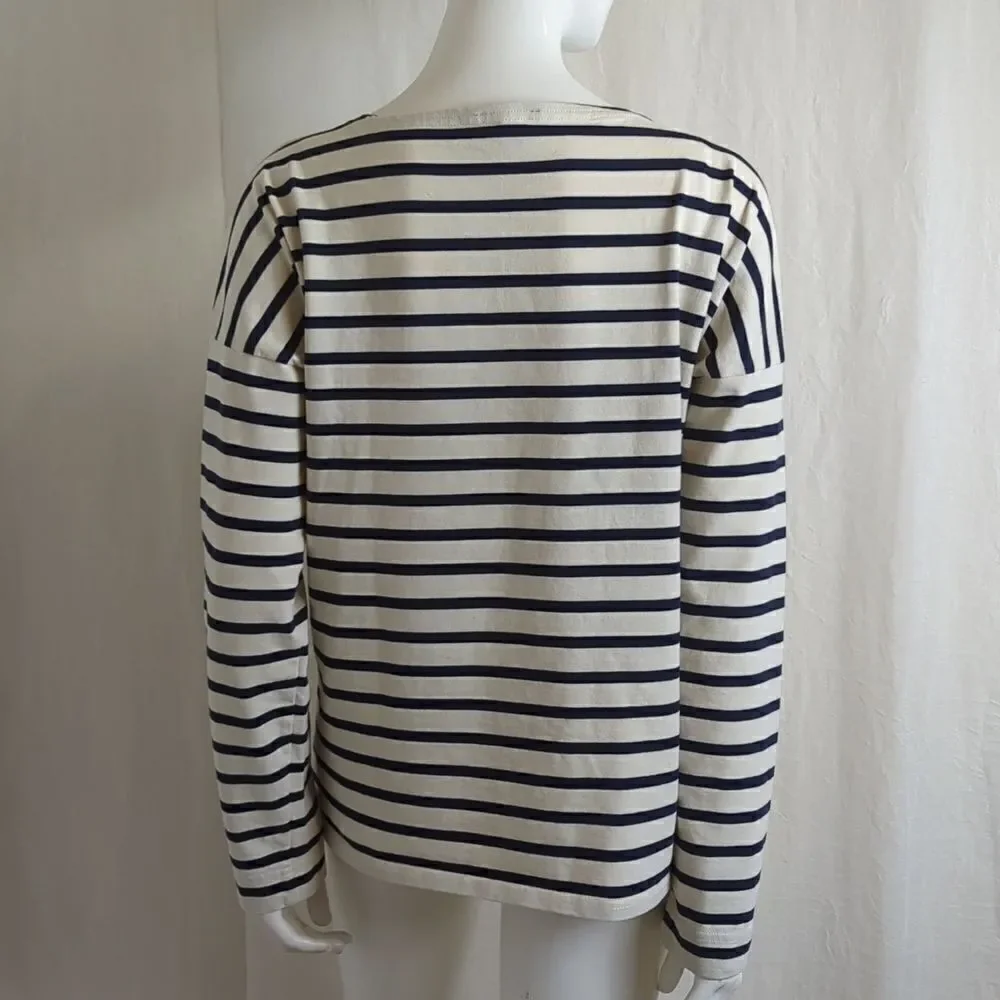 J Crew Top Size M Navy and White Stripe Embroidered Red Lips Kisses